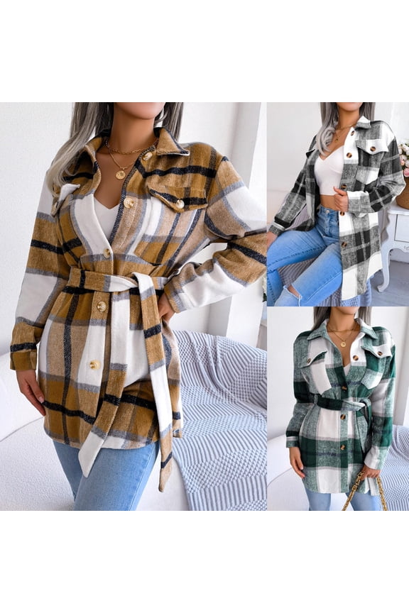 Womens Flannel Jackets Trendy Plaid Long Sleeve Winter Coats Casual Button Down Warm Up Shacket Jacket with Belt and Pockets Black L
