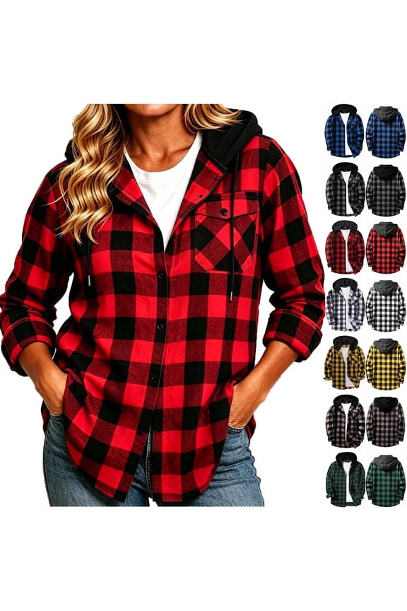 UVEASISHA Womens Flannel Plaid Shirt Jacket with Hood Casual Button Down Fall Shacket Long Sleeve Layering Outerwear Tops Gray L