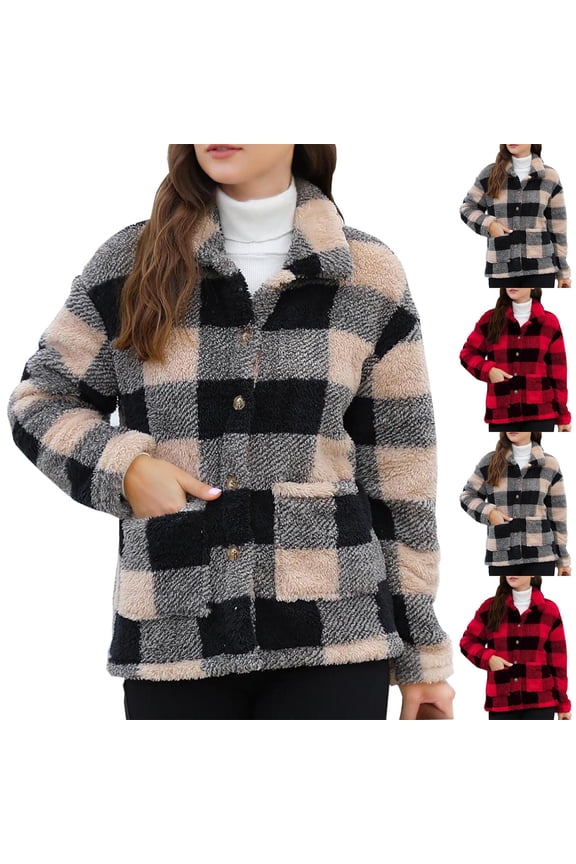 UVEASISHA Womens Flannel Shacket Plaid Fuzzy Fleece Jackets Thicked Warm Winter Coats Button Down Casual Lapel Shirt Jacket with Pockets Khaki S