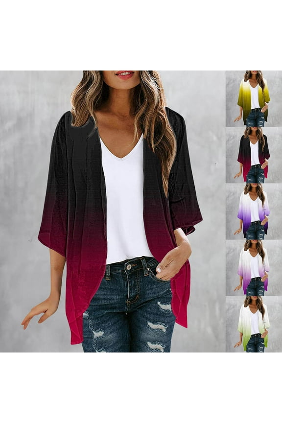 Womens Gradient Kimonos,Cardigan for Women Lightweight Summer Tie Dye 3/4 Sleeve Duster Cardigans Casual Comfort Open Front Kimonos Cover Up Blouse Today Sales,Yellow,XL
