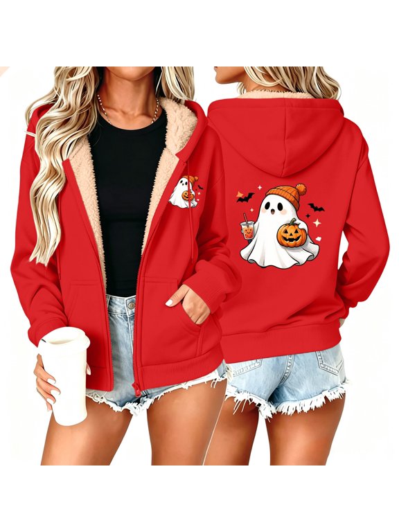 Womens Halloween Zip Up Hoodies Ghost Printed Sherpa Lined Hooded Jackets Soft Fleece Zipper Outerwear Novelty Spook Season Party Wear XXXL