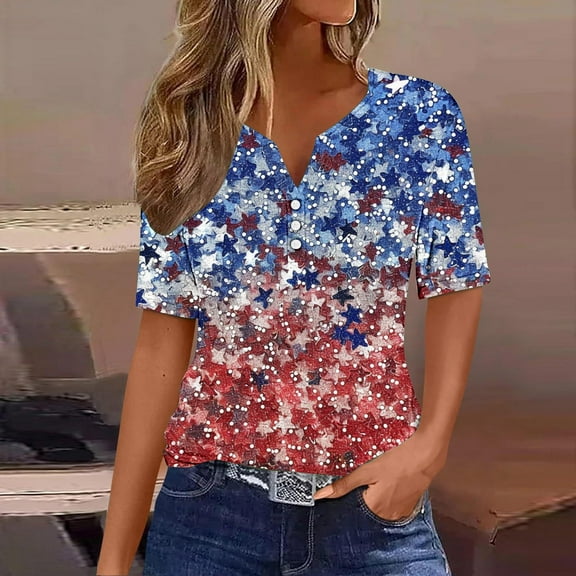 UVEASISHA Womens Henley Shirts Short Sleeve Stars Print Graphic Tees Fashion Hipster Tee Tops Multicolor#1 L