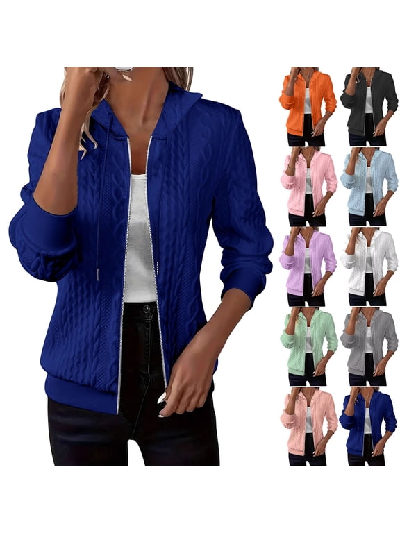 Womens Hooded Sweater Jackets Cable Knit Zip Up Long Sleeve Casual Jacket Drawstring Solid Fall Hoodie Sweaters White S