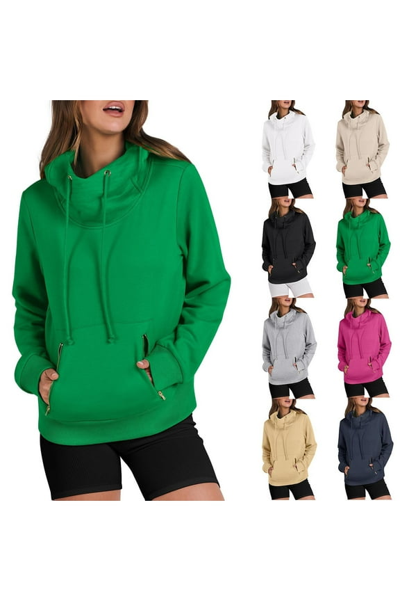 Womens Hoodies Sweatshirts Long Sleeve Pullover Tops Drawstring Cowl Neck Sweatshirt with Zip Pocket 2025 Fall Fashion Sweater Tops,Hot Pink,XL
