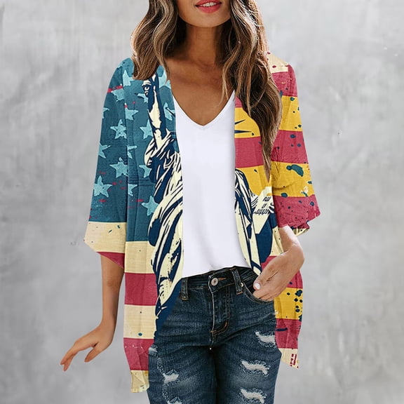 UVEASISHA Womens Kimono Cardigan Dressy,Kimonos for Women American Flag Print Lightweight Chiffon Kimonos Cardigan Puff Sleeve Loose Beach Wear Cover Up Blouse Tops 2024 Prime Big Deal Days