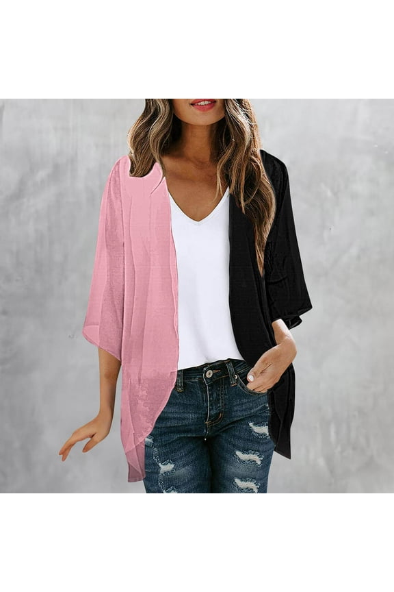 Womens Kimono Top,Cardigan for Women Lightweight Summer Patchwork Colorblock 3/4 Sleeve Duster Cardigans Casual Comfort Open Front Kimonos Cover Up Blouse Sales Today,Pink,2XL