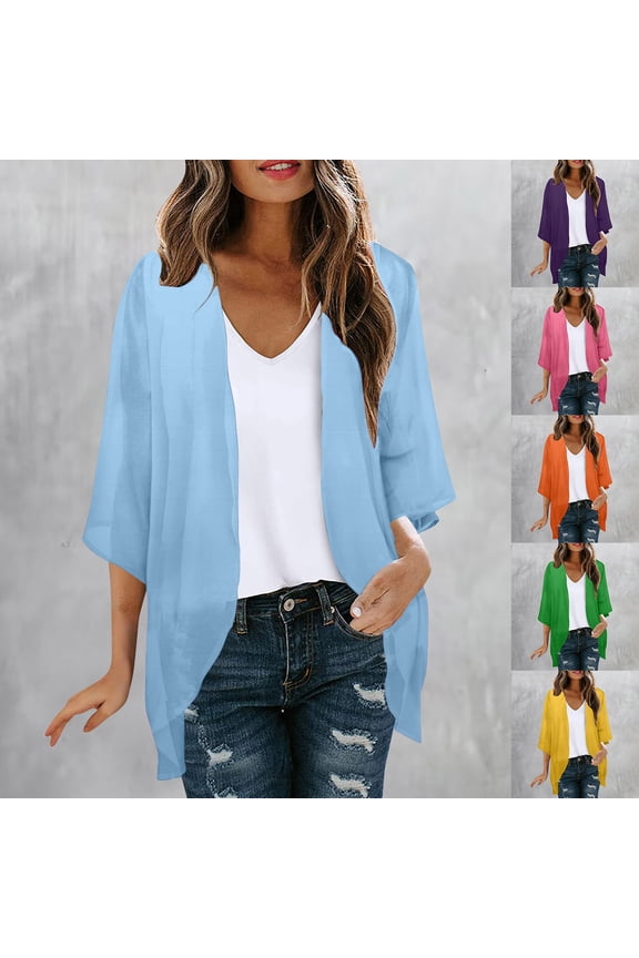 Womens Kimonos Cardigan for Women Lightweight Summer Solid 3/4 Sleeve Duster Cardigans Casual Elegant Comfort Open Front Kimonos Cover Up Blouse Orange L