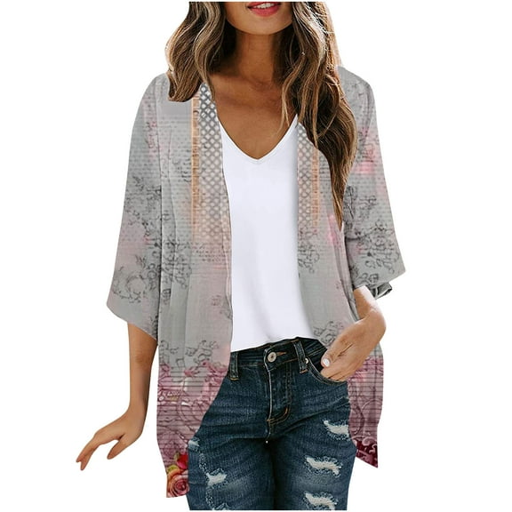 UVEASISHA Womens Kimonos Cardigan,Women's Kimono Cover Ups for Beach Floral Puff Sleeve Loose Summer Cardigan Lightweight Vacation Resort Wear 2025,Khaki,2XL