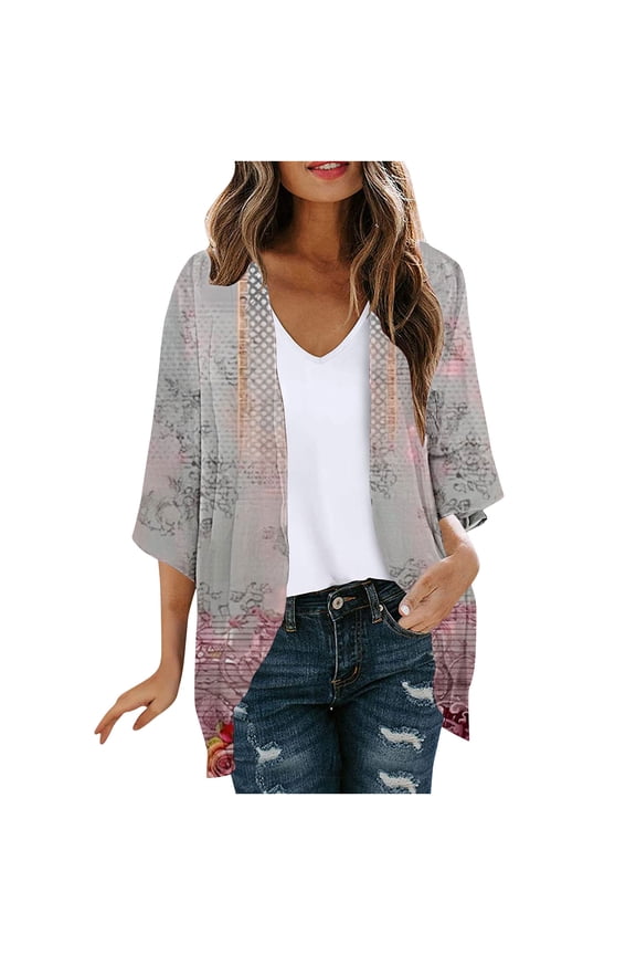 Womens Kimonos Cardigan,Women's Kimono Cover Ups for Beach Floral Puff Sleeve Loose Summer Cardigan Lightweight Vacation Resort Wear 2025,Khaki,2XL