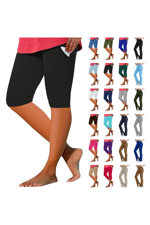 Womens Knee Length Leggings with Pockets High Waisted Capri Yoga Pants Summer Casual Athletic Tights White M