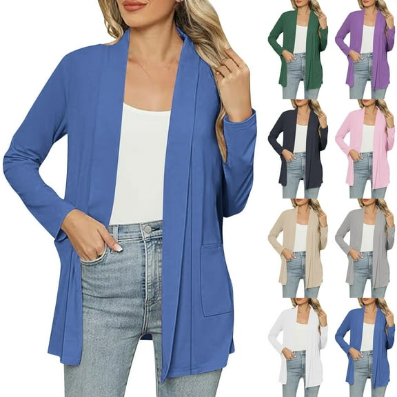 UVEASISHA Womens Lightweight Cardigans Open Front Long Sleeve Shrugs Solid Casual Duster Jacket with Pockets Gray S