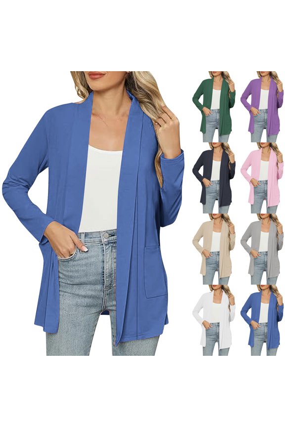 UVEASISHA Womens Lightweight Cardigans Open Front Long Sleeve Shrugs Solid Casual Duster Jacket with Pockets Green M