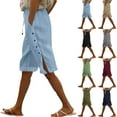 thumbnail image 1 of UVEASISHA Womens Linen Bermuda Shorts 2025 Summer Casual Beach Short Pants Side Button Knee Length Shorts with Pockets Dark Blue XXL, 1 of 4
