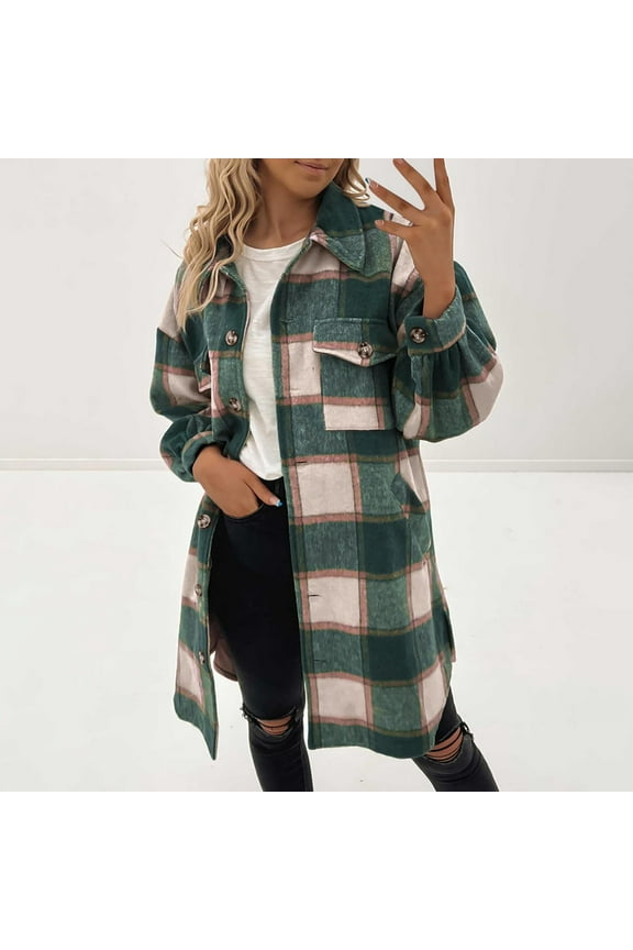 Womens Long Flannel Shirt Jacket 2025 Casual Loose Plaid Shirts Button Down Long Sleeve Pea Coat for Women with Pockets Trendy Clearance Sales,Green,XXL