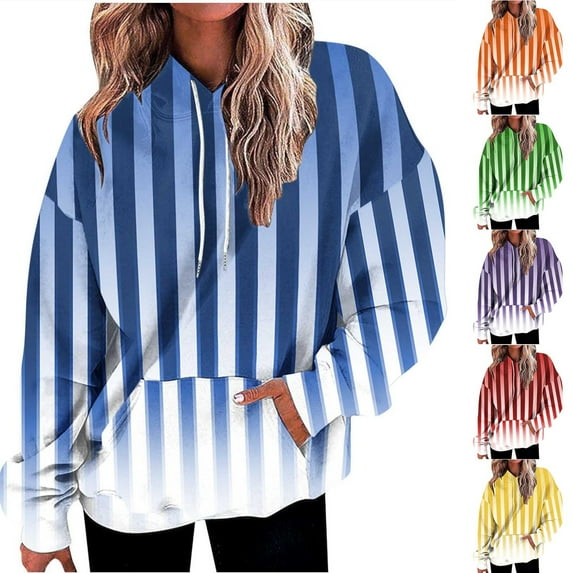 UVEASISHA Womens Long Sleeve Plus Size Sweatshirts Striped Gradient Drawstring Hoodies Casual Baggy Oversized Sweatshirt with Pocket 2025 Fall Fashion Clothes,Green,S