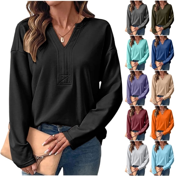 UVEASISHA Womens Long Sleeve Shirts V Neck Business Casual Work Tunic Tops Solid Basic Tees 2025 Fall Outfits Dark Gray S