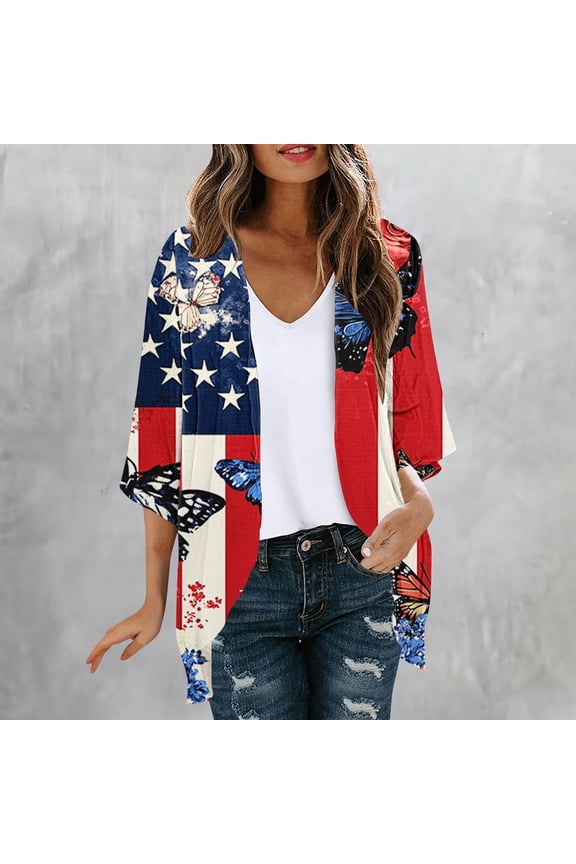 Womens Loose Cardigans Butterfly American Flag Graphic 3/4 Length Sleeve Open Front Kimonos Chiffon Lightweight Draped Cardigan Fashion Holiday Party Cover Ups Multicolor XXXL