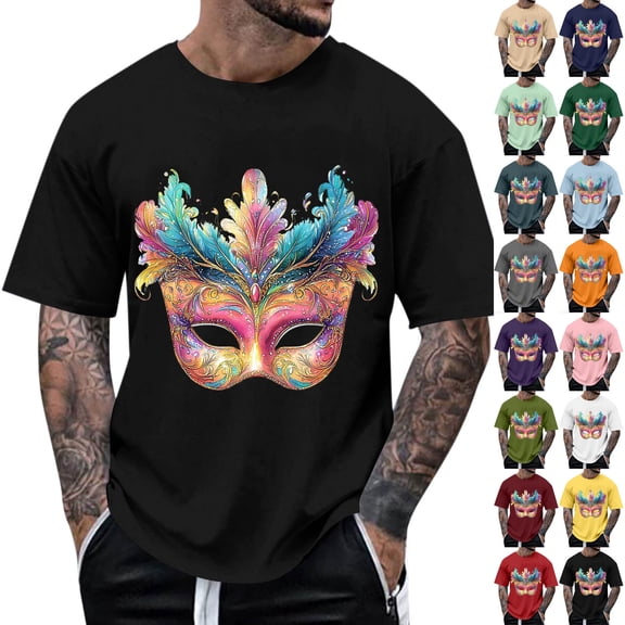 UVEASISHA Womens Mardi Gras Short Sleeve T-Shirts Fancy Mask Print Graphic Tees Holiday Casual Crewneck Pullovers New Orleans Parade Shirt Sky Blue XXL