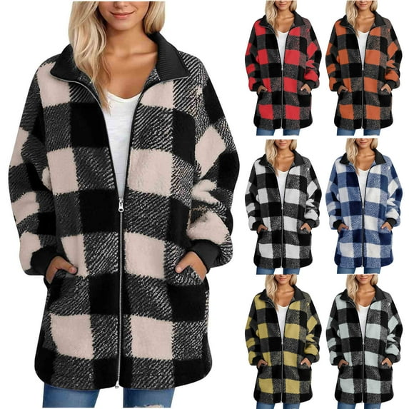 UVEASISHA Womens Plaid Flannel Jackets Full Zip Lapel Fleece Winter Coats Oversized Casual Fuzzy Warm Jacket Comfy Plush Outwear with Pockets Orange XL