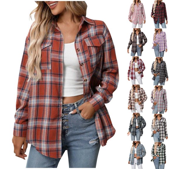 UVEASISHA Womens Plaid Jacket Long Sleeve Button Down Casual Flannel Shacket Shirts Loose Fall Spring Blouses Tops Army Green XXL