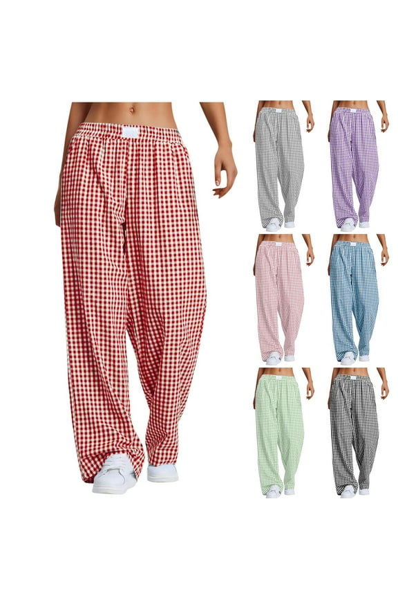 UVEASISHA Womens Plaid Pants Elastic Waisted Wide Leg Pants Baggy Comfy Lounge Pj Pants with Pockets Pink S