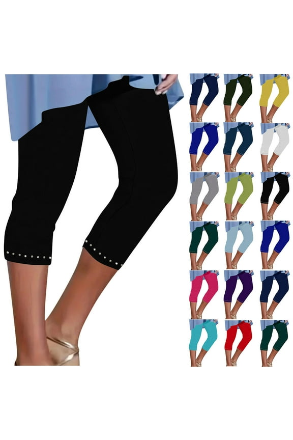 Womens Rhinestone Capri Leggings Lightweight High Waisted Cropped Pants Stretch Workout Compression Yoga Pants Yellow XXXL