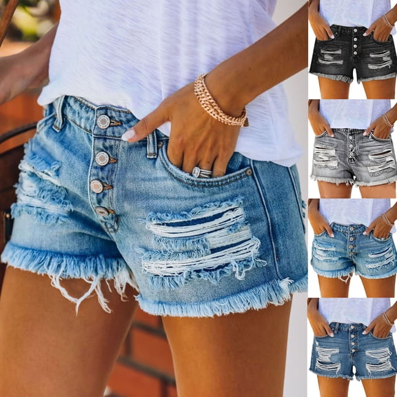UVEASISHA Womens Ripped Denim Shorts High Rise Button Fly Jean Shorts Frayed Hem Casual Summer Streetwear Shorts with Pockets Gray XXL