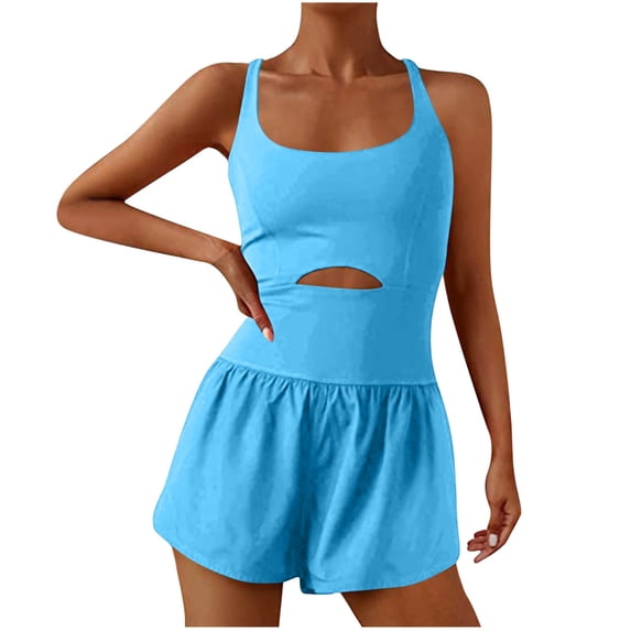 UVEASISHA Womens Running Onesie Workout Athletic Rompers Cross Back Gym Yoga Shorts Jumpsuits Sky Blue XL