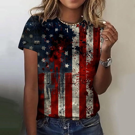 UVEASISHA Womens Short Sleeve Patriotic Independence Day TShirts Novelty Print T-Shirt Loose Casual Parade Outfits Multicolor XXXXXL