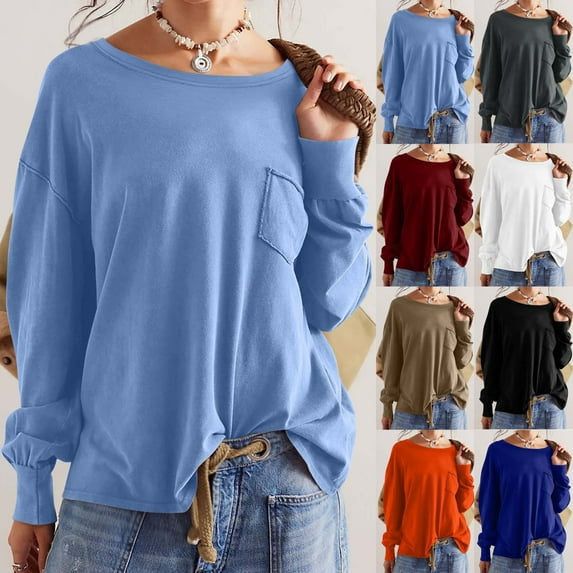 UVEASISHA Womens Solid Color Long Sleeve T Shirts Round Neck Casual Loose Pullover Tops Lightweight Comfy Tee Shirts 2025 Fashion Tops with Front Pocket,Wine,L