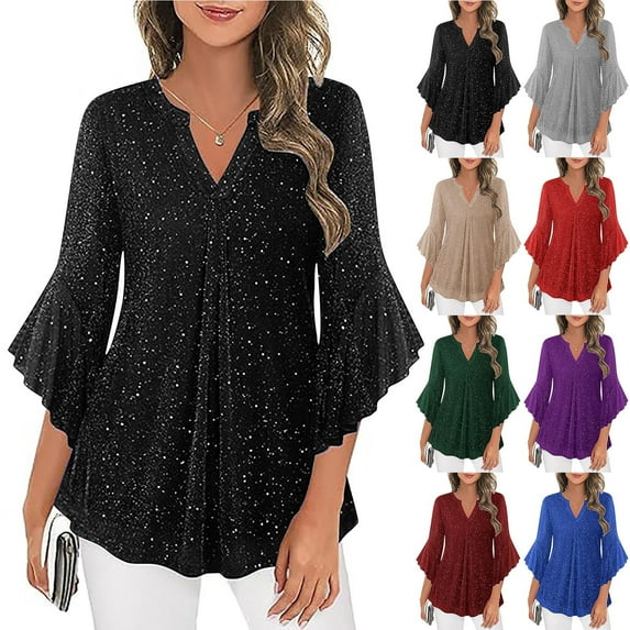 UVEASISHA Womens Sparkly Sequin Tops, 3/4 Sleeve Glitter Party Dressy Blouse, V-Neck Disco Evening Club Shirt Black S