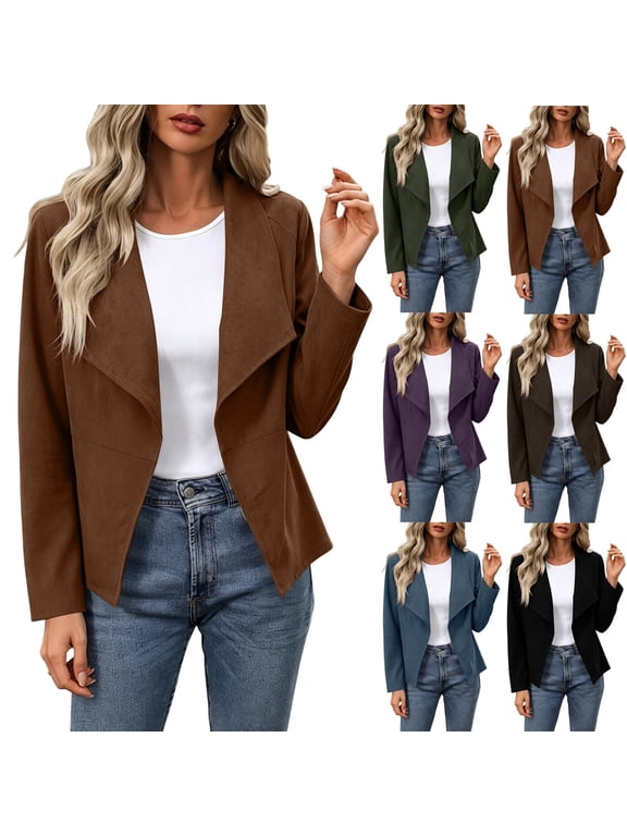 Womens Suede Open Front Jackets Long Sleeve Draped Lapel Cardigan Coats Lightweight Casual Work Blazer Trendy Fall Outerwear Purple M