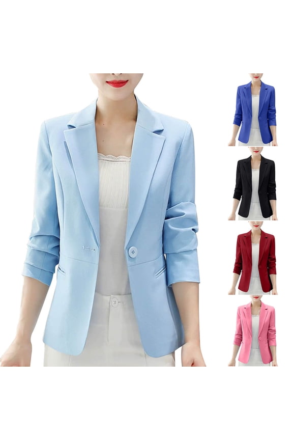 Womens Suit Jackets Notched Lapel One Button Long Sleeve Casual Blazers Business Work Open Front Cardigans with Pockets Sky Blue L