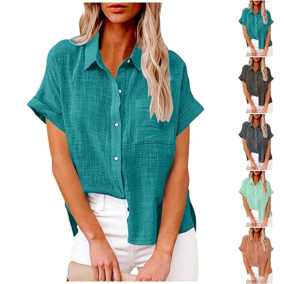UVEASISHA Womens Summer Tops Lapel Button Down Shirt Cotton Linen Short Sleeve Boho Beach Shirt with Pocket Blue S
