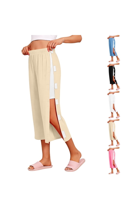 UVEASISHA Womens Tear Away Scrub Pants Elastic Waist Side Snap Capri Pants Loose Fit Wide Leg Nurse Uniform Work Pants Casual Lounge Pants Khaki L