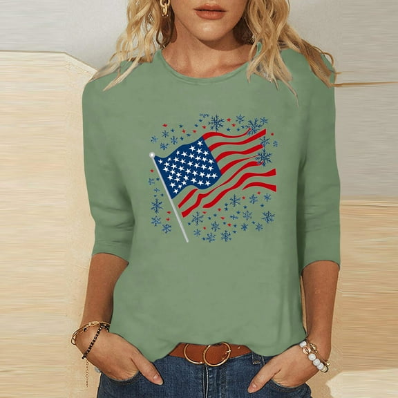 UVEASISHA Womens Tshirt American Independence Day 3/4 Sleeve USA Flag Graphic Tee Summer Casual Crew Neck Tops Green XL