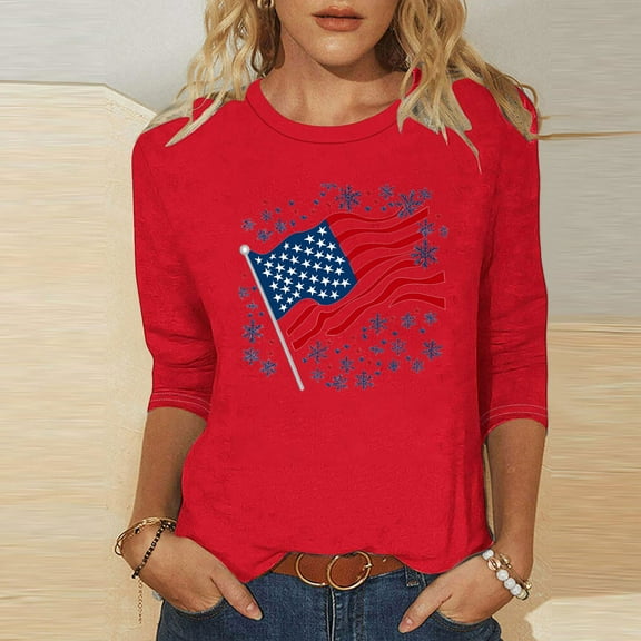 UVEASISHA Womens Tshirt American Independence Day 3/4 Sleeve USA Flag Graphic Tee Summer Casual Crew Neck Tops Red L