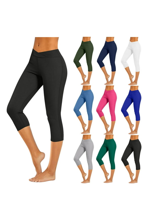 Womens V Cross Waist Capri Leggings High Waisted Shapewear Cropped Yoga Pants Stretch Compression Workout Tights Black L