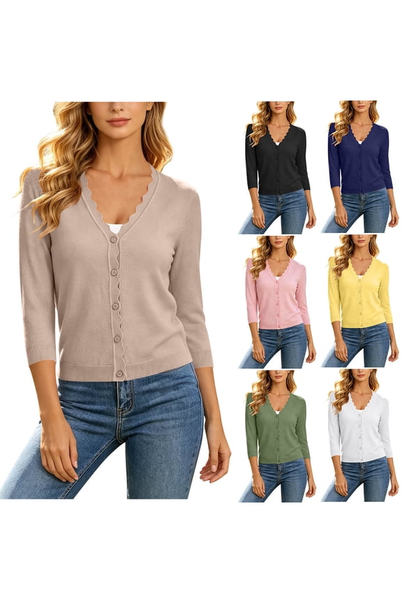 UVEASISHA Womens V Neck Button Down Cardigan 3/4 Sleeve Casual Knitted Sweaters Fall Lightweight Cropped Cardigans Soft Cozy Loungewear Khaki M