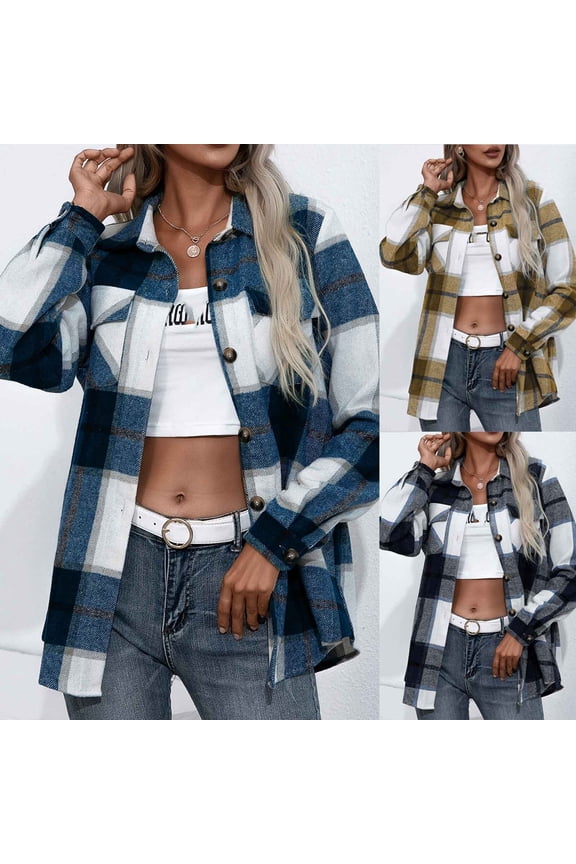 Womens Wool Shackets Winter Trendy Long Sleeve Collared Plaid Jackets Flannel Warm Up Casual Button Down Jacket Coats with Pockets Back to College Sale,Navy,S