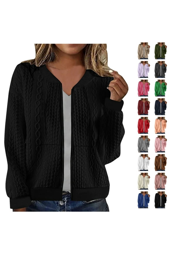 Womens Zip Up Cable Knit Sweater Long Sleeve Open Front Cardigan Sweaters Casual Outwear Coats with Pockets Red M