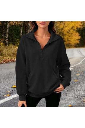 Womens quarter snap sweatshirt collared pullover sweatshirt oversized sweatshirt Casualfall pullover tops with Side pockets Black L