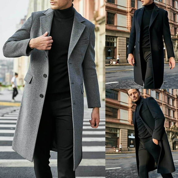 UVEASISHA Wool Blend Trench Coat Men Big and Tall Casual Single Breasted Pea Coats Fashion Notched Collar Business Jacket Winter Long Overcoat with Pockets Gray XL