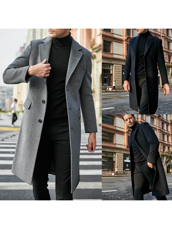 Wool Blend Trench Coat Men Big and Tall Casual Single Breasted Pea Coats Fashion Notched Collar Business Jacket Winter Long Overcoat with Pockets Gray XL