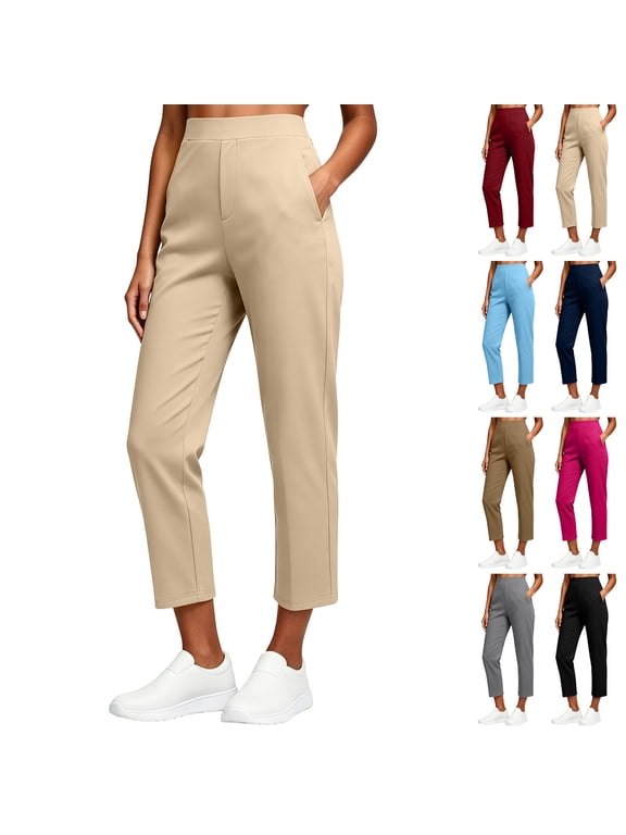 Work Pants for Women High Waisted Straight Leg Stretchy Pants Business Casual Office Pull On Ankle Length Pants with Pockets Hot Pink L