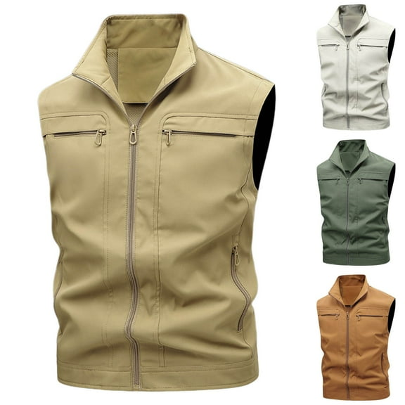 UVEASISHA Work Vest for Men Big and Tall Lightweight Cargo Vest Full Zip Stand Collar Fishing Waistcoat Sleeveless Hiking Travel Jackets with Pockets Army Green XXL