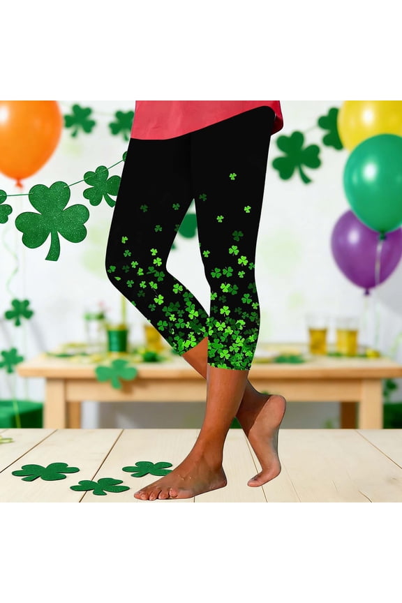 UVEASISHA Workout Bottoms for Women St Patricks Day Black Base Shamrock Glitter Printed Capri High Waisted Tummy Control Buttery Soft Running Tights Green L
