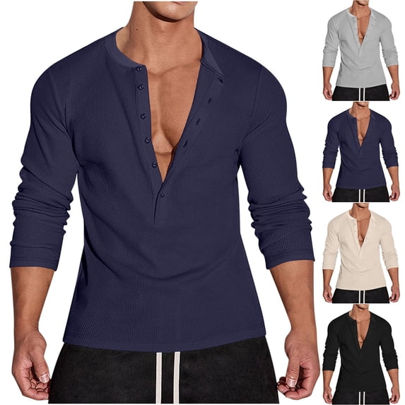 UVEASISHA Workout Henley Shirts for Men Deep V Button Up T-Shirt Long Sleeve Lightweight Stretchy Gym Shirt Breathable Casual Athletic Tee Top Navy XL