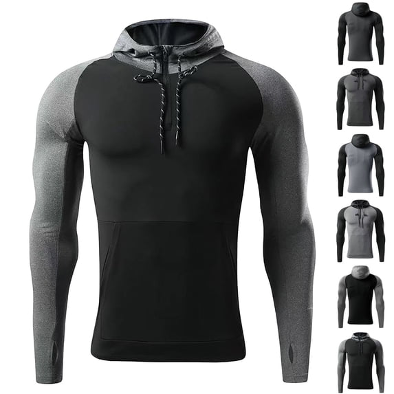 UVEASISHA Workout Hoodies for Men Quarter Zip Long Sleeve Hoodie Shirt Drawstring Color Block Compression Shirts Slim Fit Lightweight Gym Hooded Tops with Thumbhole Dark Gray 3XL