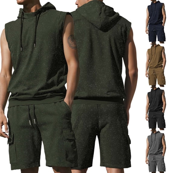 UVEASISHA Workout Sets for Men 2 Piece Hooded Sweatsuits Summer Sleeveless Hoodies with Cargo Shorts Track Suit Outfits with Pockets Navy XXL